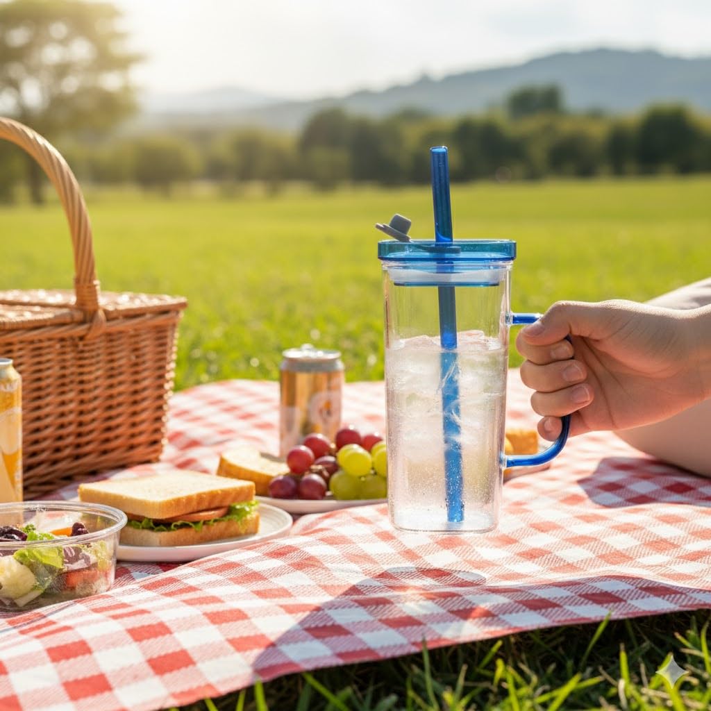 DailyAlley Cute Bow Glass Tumbler with Straw | 300ml Water Sipper | Reusable & Stylish Mug for Juice, Coffee, Milk, Travel & Office (Blue) Dailyalley