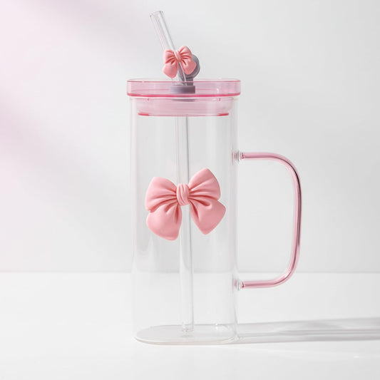 DailyAlley Cute Bow Tumbler - A stylish glass tumbler with a bow design and straw, perfect for enjoying your favorite drinks on the go. Dailyalley