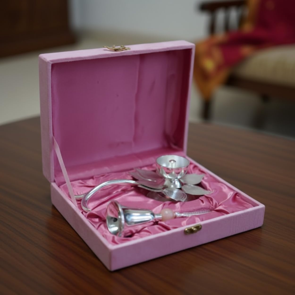 DailyAlley Silver-Plated Lotus Diya & Bell Set | German Silver Puja Items with Pink Resin Accent | Lotus Oil Diya & Ghanti in Premium Pink Velvet Gift Box | Traditional Temple Decor & Auspicious Gifting Set Dailyalley
