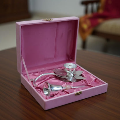 DailyAlley Silver-Plated Lotus Diya & Bell Set | German Silver Puja Items with Pink Resin Accent | Lotus Oil Diya & Ghanti in Premium Pink Velvet Gift Box | Traditional Temple Decor & Auspicious Gifting Set Dailyalley