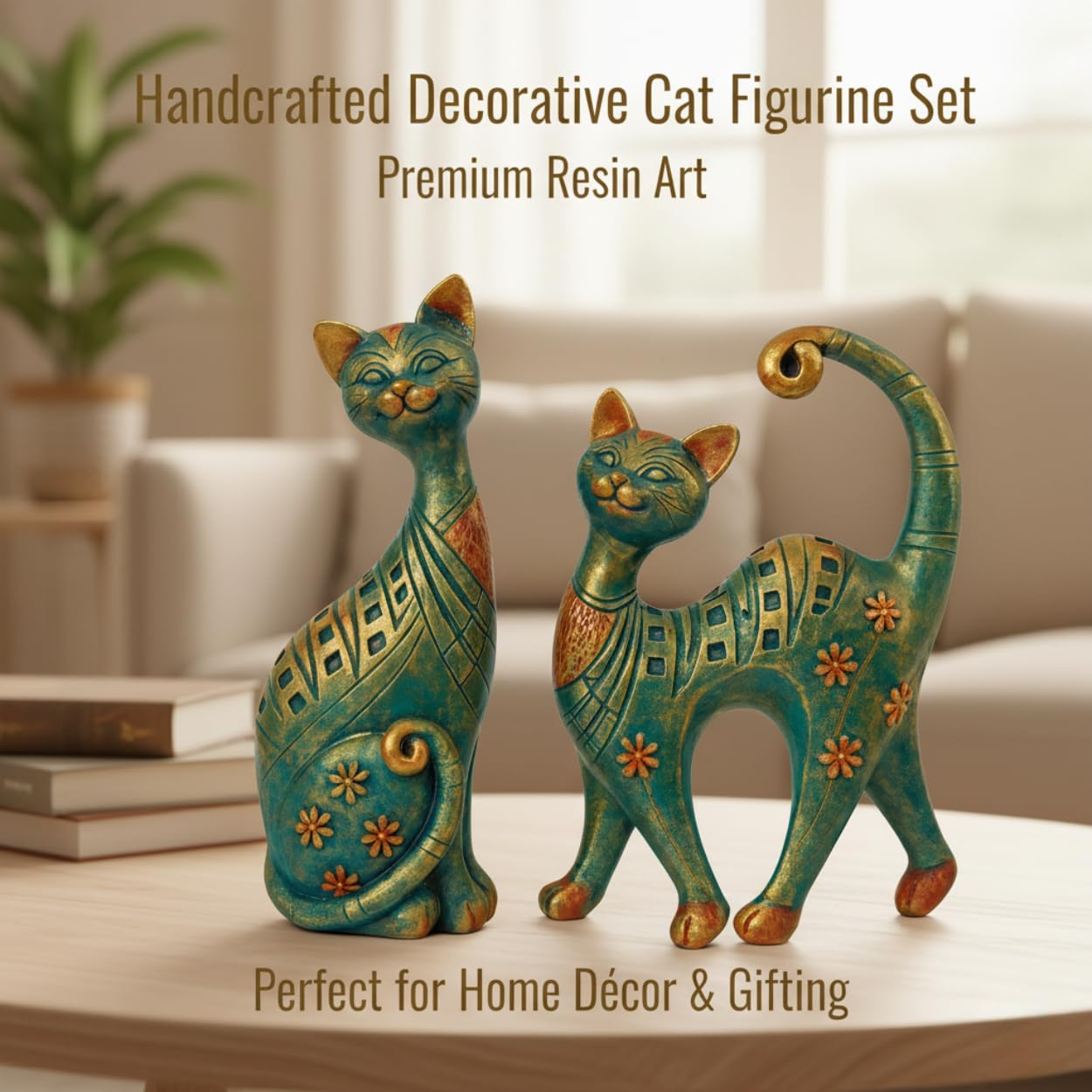 DailyAlley Decorative Cat Figurine Set | Handcrafted Resin Cat Sculptures with Teal Green & Antique Gold Finish, Floral Pattern Home Decor – Set of 2 (Different Shapes) Dailyalley
