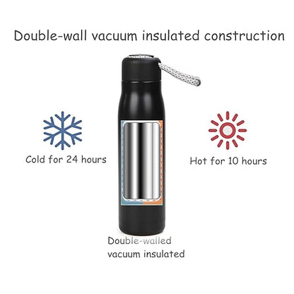 Black insulated bottle with text and icons indicating temperature retention capabilities on a white background.
