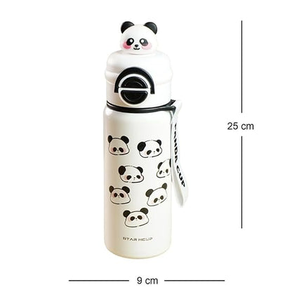 White water bottle with panda designs and measurements on a white background