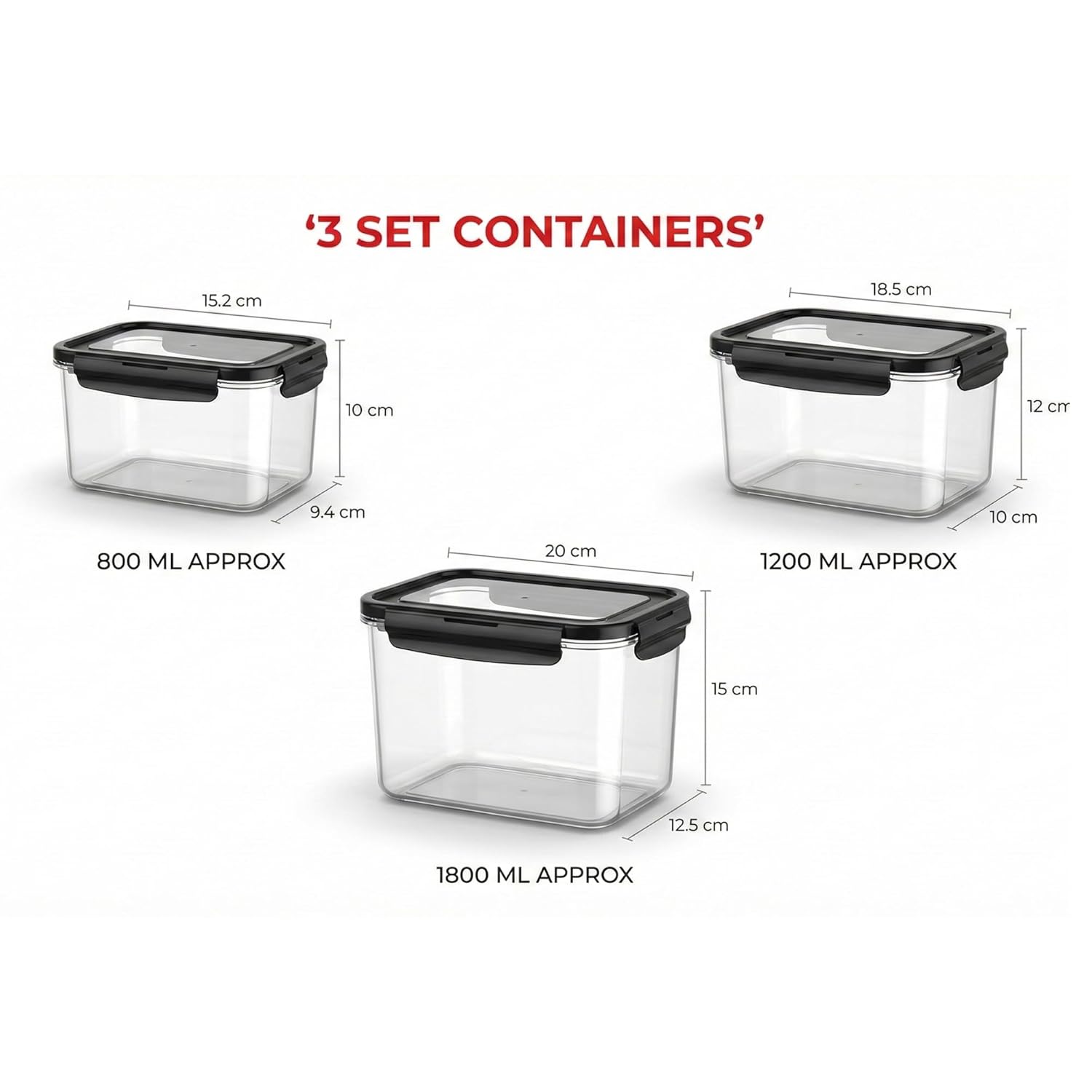 Airtight Food Storage Containers – Set of 3 (1800ml + 1200ml + 800ml) | BPA-Free Plastic Kitchen Containers with Leakproof Lids | Stackable, Microwave & Freezer Safe Lunch Boxes Dailyalley
