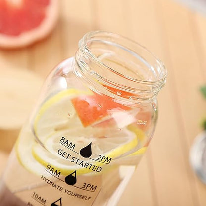 Glass jar with fruit slices and time markers on a blurred background