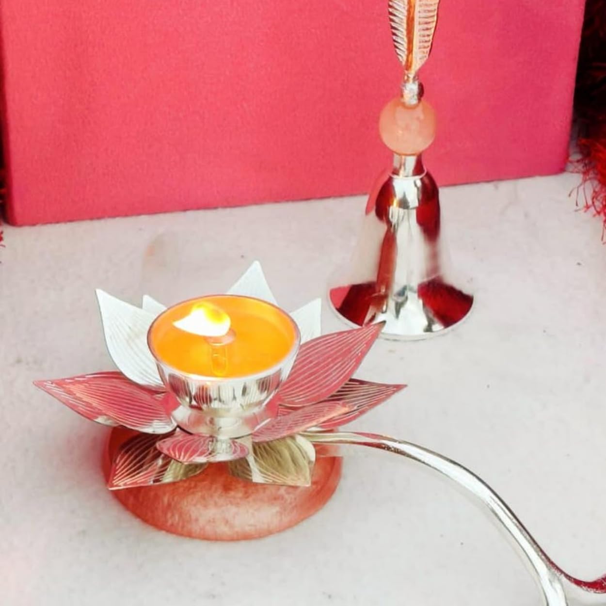 DailyAlley Silver-Plated Lotus Diya & Bell Set | German Silver Puja Items with Pink Resin Accent | Lotus Oil Diya & Ghanti in Premium Pink Velvet Gift Box | Traditional Temple Decor & Auspicious Gifting Set Dailyalley