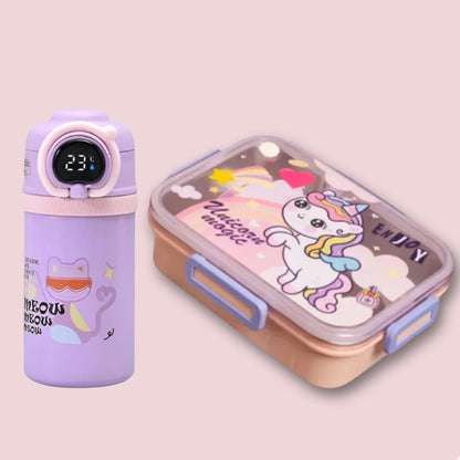 Purple water bottle with digital display and unicorn-themed lunch box on a pink background