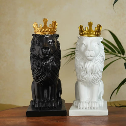DailyAlley White & Black Lion King Statue Set of 2 (11 Inch) – Premium Polyresin Royal Lion Showpiece with Gold Crown | Modern Home Decor, Office Desk Decoration & Luxury Gifting Dailyalley