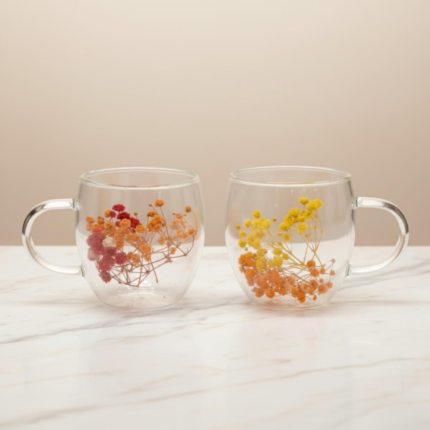 Dried Flower Double Wall Glass Coffee Mugs (Set of 3) | 350ml Borosilicate Insulated Cups w/ Handle | Floating Effect Tea Gift Dailyalley