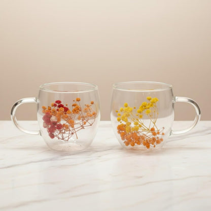 Dried Flower Double Wall Glass Coffee Mugs (Set of 3) | 350ml Borosilicate Insulated Cups w/ Handle | Floating Effect Tea Gift Dailyalley