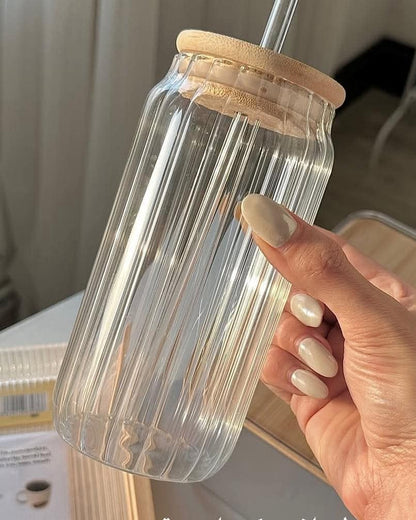 DailyAlley Glass Sipper 2-Pack: Reusable, ribbed glass cups with bamboo lids & straws. Perfect for juice, coffee, and smoothies at home or office. Dailyalley