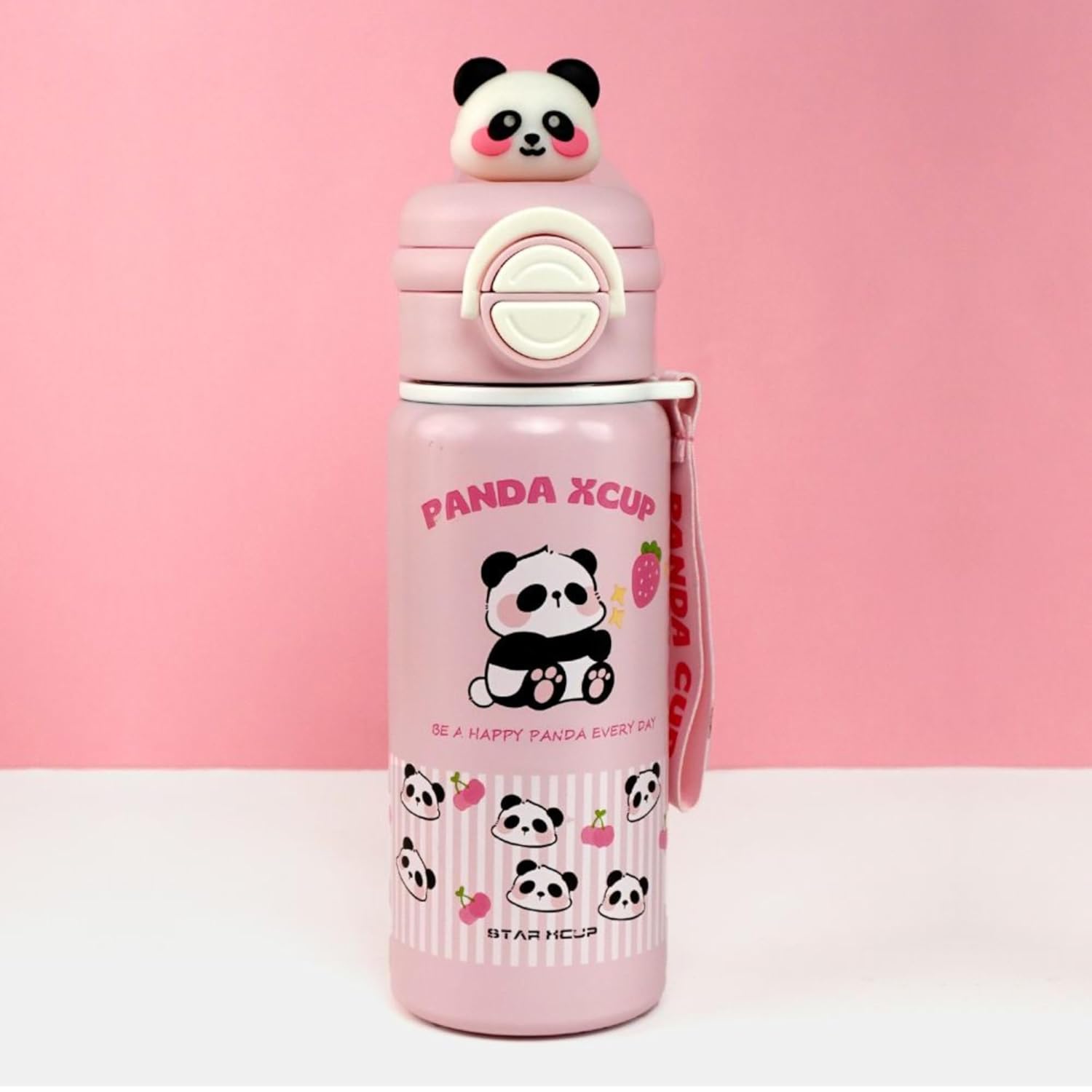 DailyAlley Pink Panda Water Bottle - A stainless steel thermos for kids, featuring a cute panda design. Perfect for keeping drinks hot or cold. Dailyalley