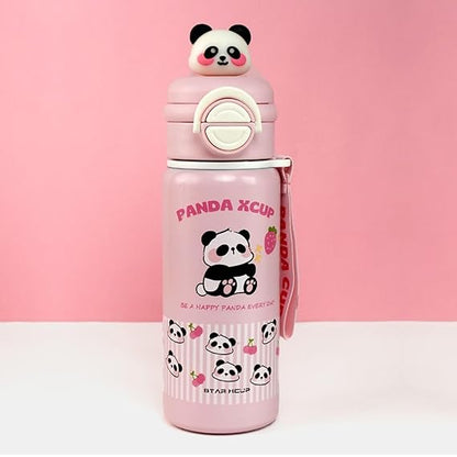 Pink water bottle with panda design on a pink background