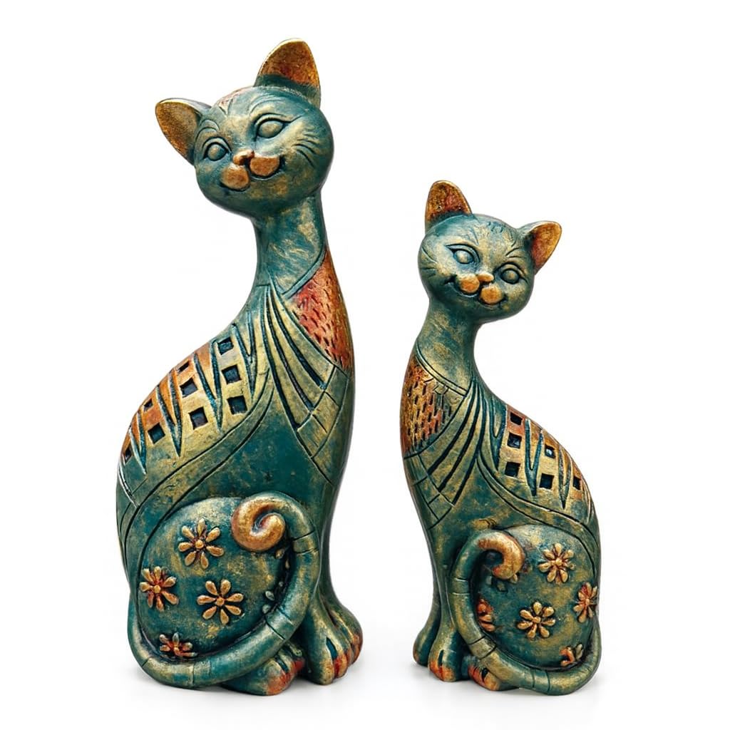 DailyAlley Vintage Decorative Cat Figurine Set | Handcrafted Teal Green & Antique Gold Resin Cat Sculptures with Floral & Geometric Patterns – 2-Piece Home Décor Collection Dailyalley