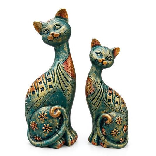 DailyAlley Vintage Decorative Cat Figurine Set | Handcrafted Teal Green & Antique Gold Resin Cat Sculptures with Floral & Geometric Patterns – 2-Piece Home Décor Collection Dailyalley