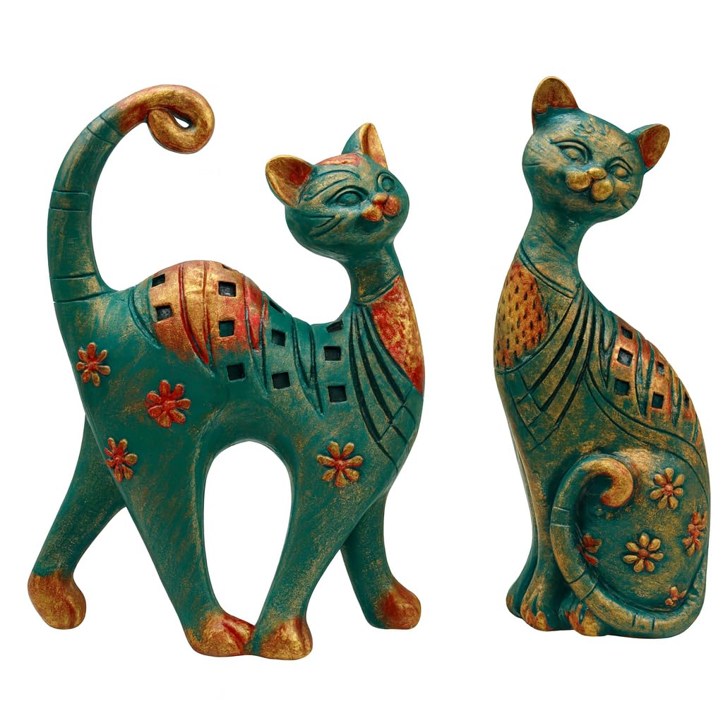 DailyAlley Decorative Cat Figurine Set | Handcrafted Resin Cat Sculptures with Teal Green & Antique Gold Finish, Floral Pattern Home Decor – Set of 2 Dailyalley