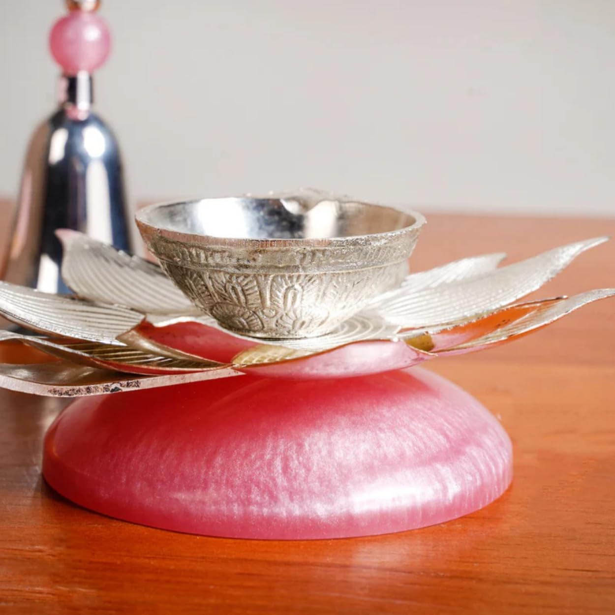 DailyAlley Silver-Plated Lotus Diya & Bell Set | German Silver Puja Items with Pink Resin Accent | Lotus Oil Diya & Ghanti in Premium Pink Velvet Gift Box | Traditional Temple Decor & Auspicious Gifting Set Dailyalley