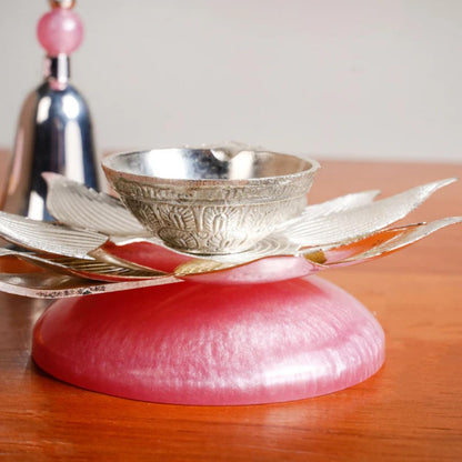 DailyAlley Silver-Plated Lotus Diya & Bell Set | German Silver Puja Items with Pink Resin Accent | Lotus Oil Diya & Ghanti in Premium Pink Velvet Gift Box | Traditional Temple Decor & Auspicious Gifting Set Dailyalley