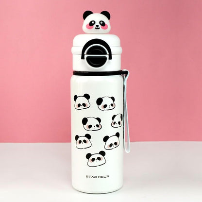 White water bottle with panda designs on a pink background