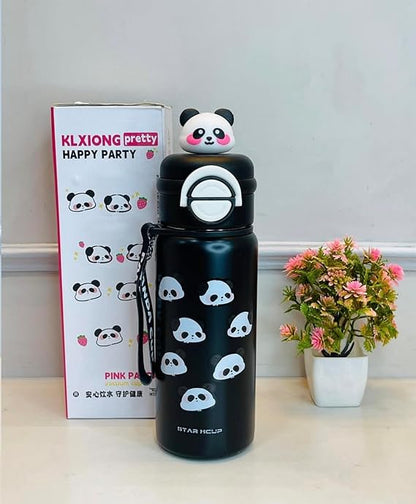 Black water bottle with panda design and KLXIONG branding next to a box and plant.