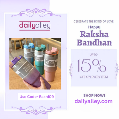 Promotional graphic for Daily Alley with colorful tumblers and Raksha Bandhan offer.
