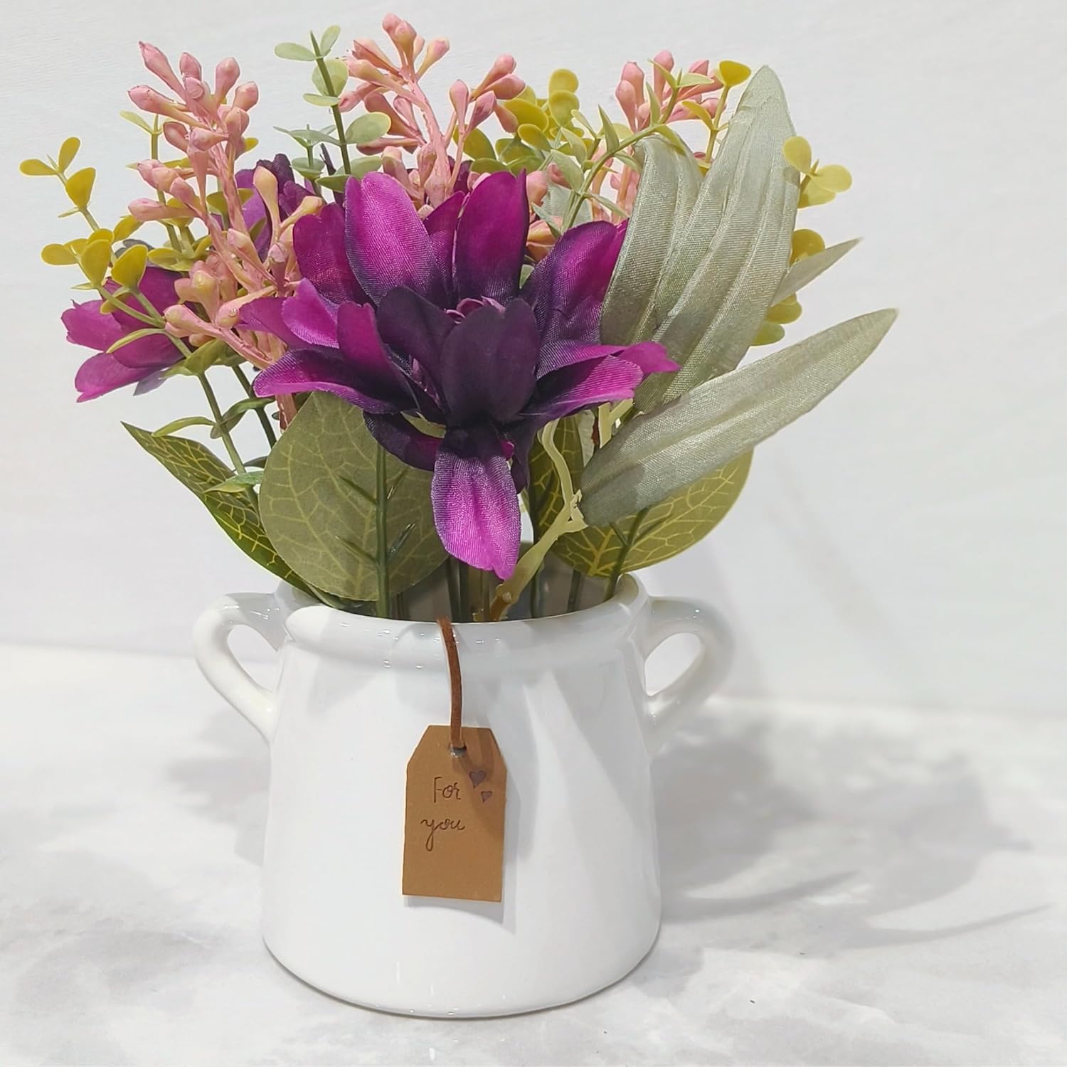 DailyAlley Artificial Plant - Faux purple flowers with a white ceramic pot. Perfect tabletop decor for your home, office, bedroom, or desk. Dailyalley