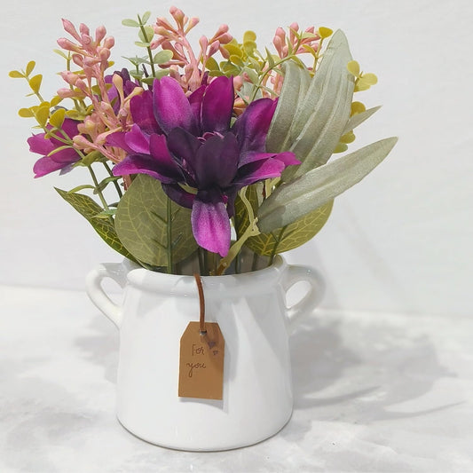DailyAlley Artificial Plant - Faux purple flowers with a white ceramic pot. Perfect tabletop decor for your home, office, bedroom, or desk. Dailyalley