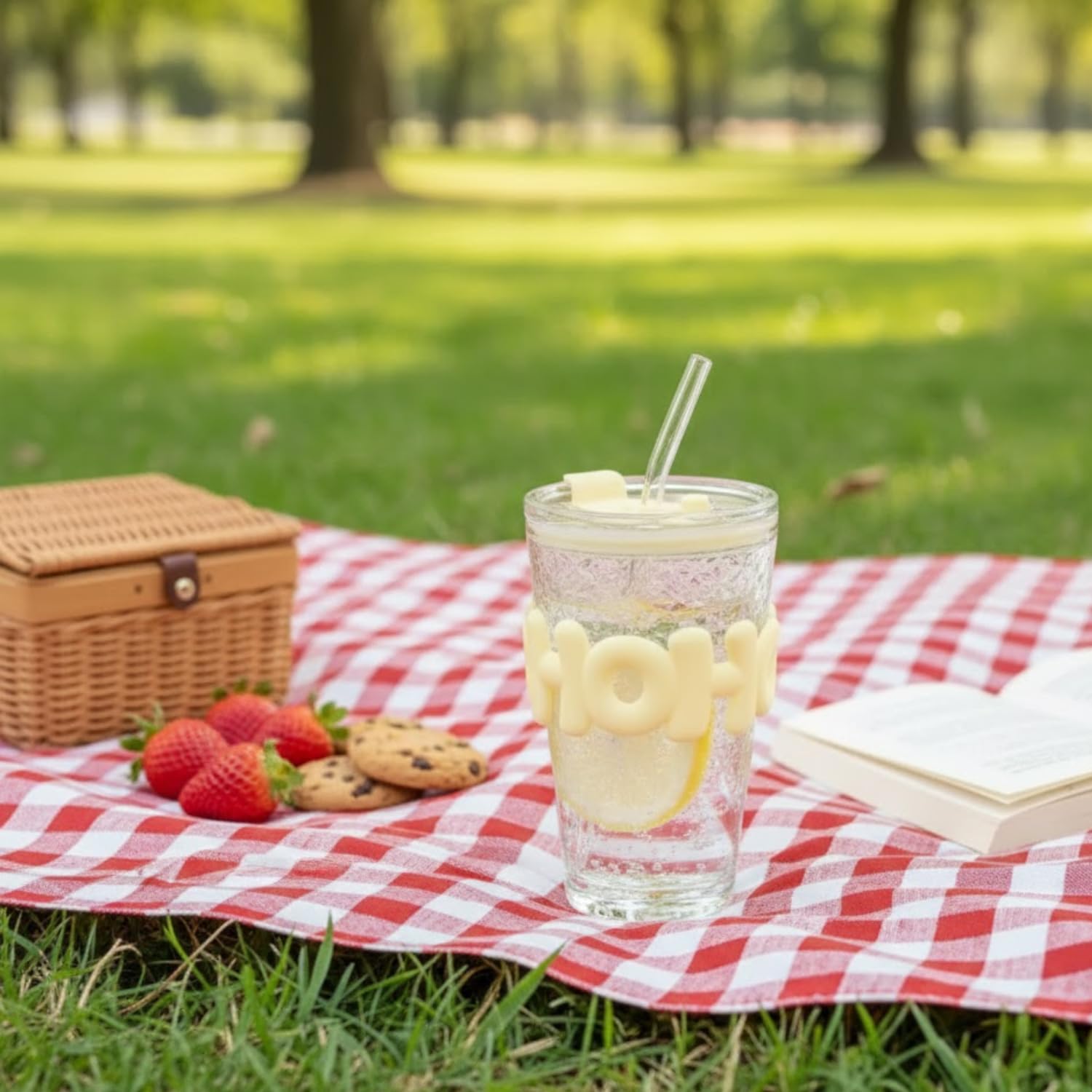 DailyAlley Glass Sipper Tumbler with Straw | Set of 2 | 450ml Stylish Cup for Cold & Hot Drinks | Reusable Travel Mug for Office, Gym, Home (Transparent, Yellow) Dailyalley