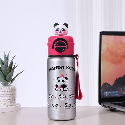 Silver water bottle with panda design and pink lid on a desk next to a laptop and plant.