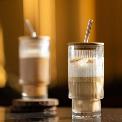 Crystal Ribbed Glass Tumbler Set of 2 – 400ml Reusable Glasses with Bamboo Lid & Glass Straw for Iced Coffee, Juice & Cold Drinks Dailyalley