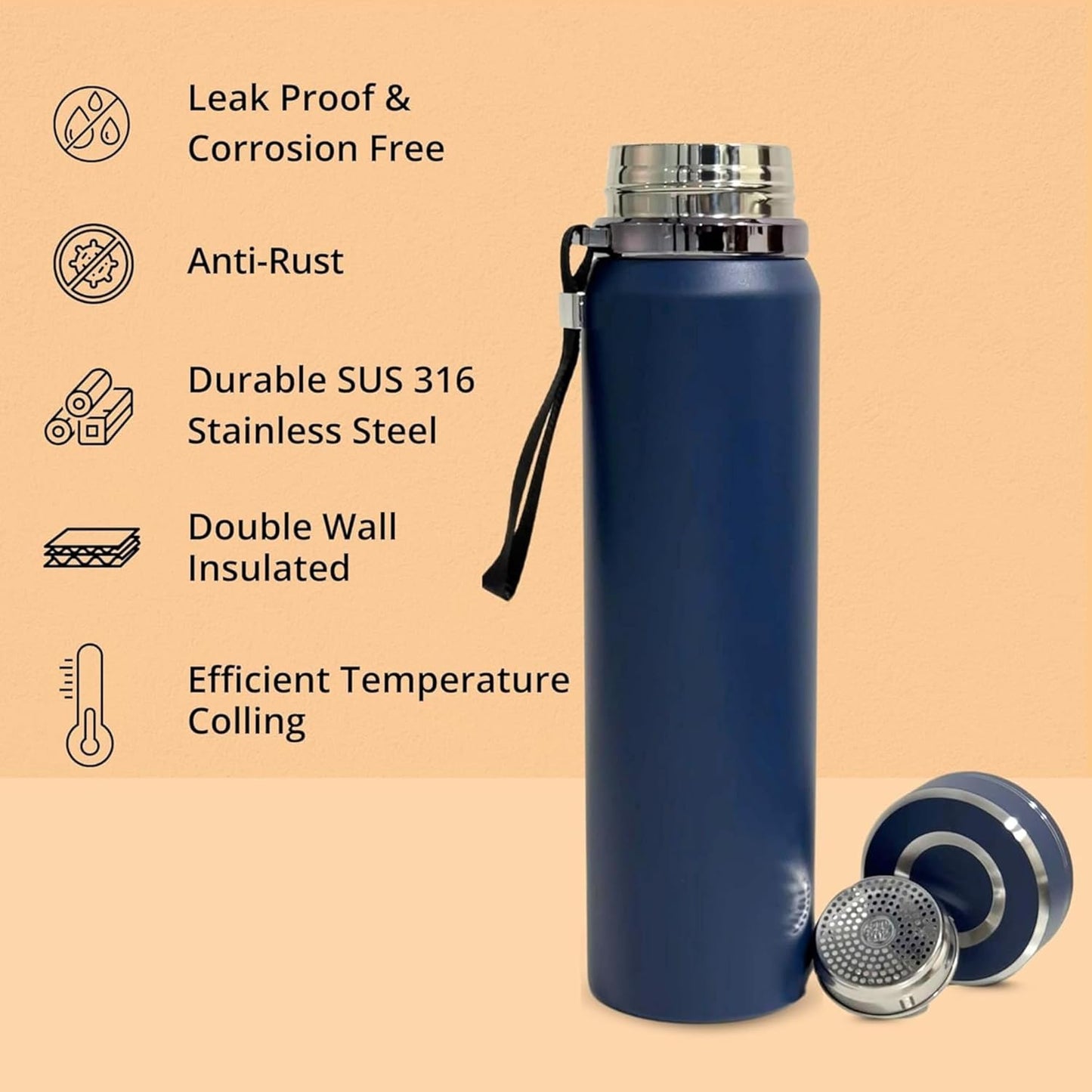 Premium 1000ml Stainless Steel Thermosteel Water Bottle – Double Wall Insulated, Leak-Proof Flask with Carry Rope & Matte Finish for Office, Gym, Travel & Outdoor (Blue) Dailyalley