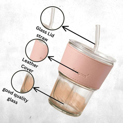 DailyAlley 400ml Pink Glass Sipper - An aesthetic tumbler with a leather sleeve and straw. Perfect for coffee, juice, and smoothies on the go. Dailyalley