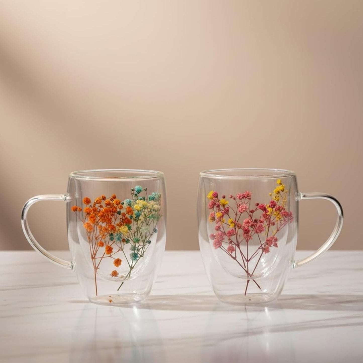Dried Flower Double Wall Glass Mugs (Set of 2) | 350ml Heart-Shaped Borosilicate Insulated Cups | Unique Floating Tea/Coffee Gift for Women Dailyalley