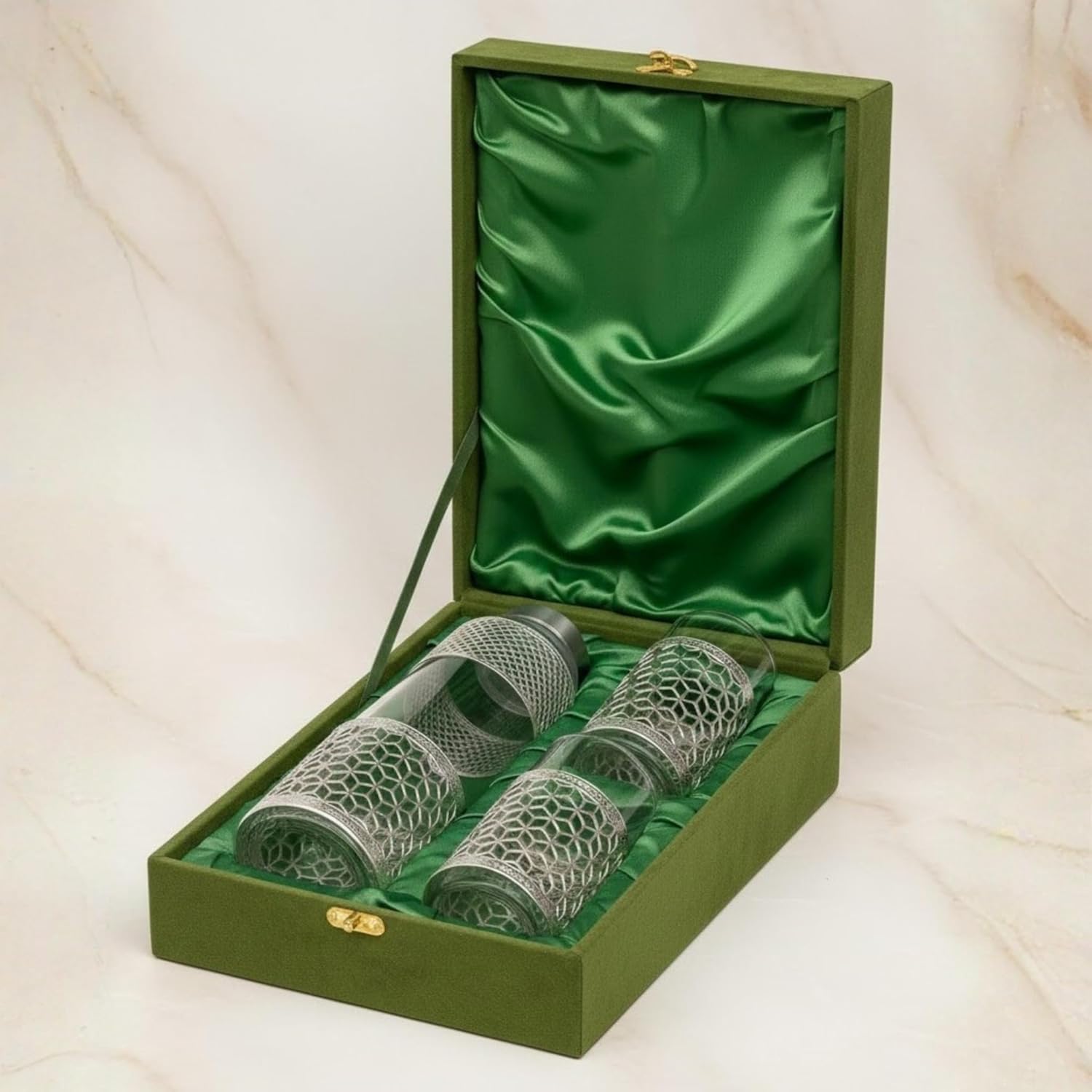 Premium German Silver-Style Glass Bottle Set | 1 Litre Bottle + 2 Glasses (300ml) | Luxury Green Velvet Gift Box | Elegant Dining & Gifting Set for Weddings, Anniversaries & Home Décor Dailyalley