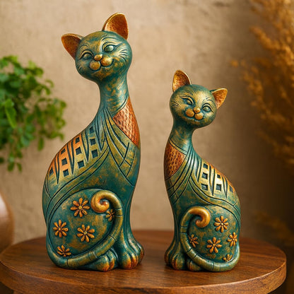 DailyAlley Vintage Decorative Cat Figurine Set | Handcrafted Teal Green & Antique Gold Resin Cat Sculptures with Floral & Geometric Patterns – 2-Piece Home Décor Collection Dailyalley