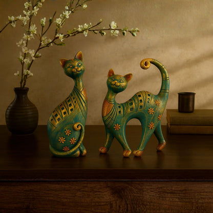 DailyAlley Decorative Cat Figurine Set | Handcrafted Resin Cat Sculptures with Teal Green & Antique Gold Finish, Floral Pattern Home Decor – Set of 2 (Different Shapes) Dailyalley
