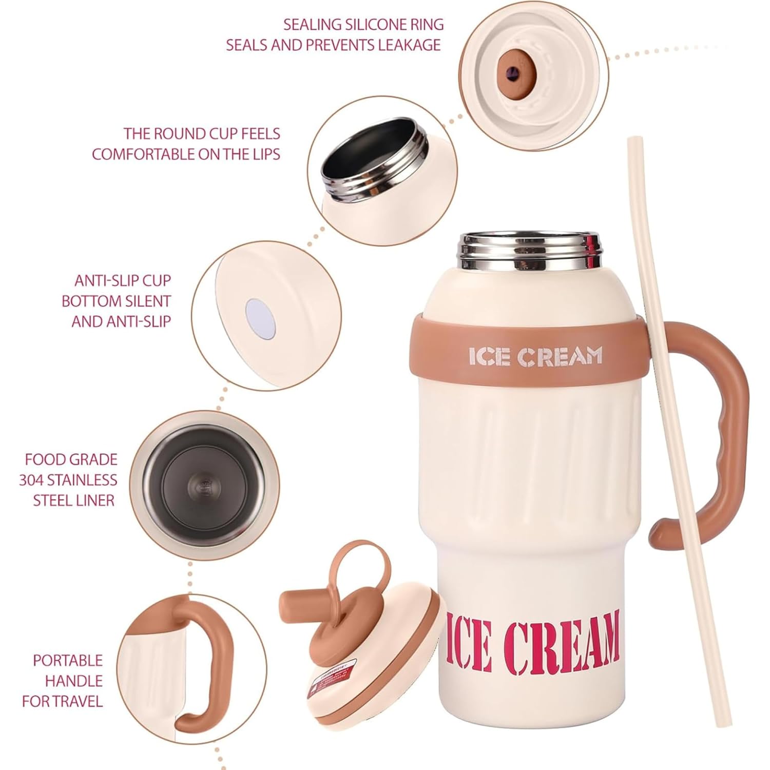 DailyAlley Insulated Tumbler with Handle & Straw (900ml) | Double Wall Stainless Steel Leakproof Mug for Coffee, Smoothie & Cold Drinks (Brown) Dailyalley