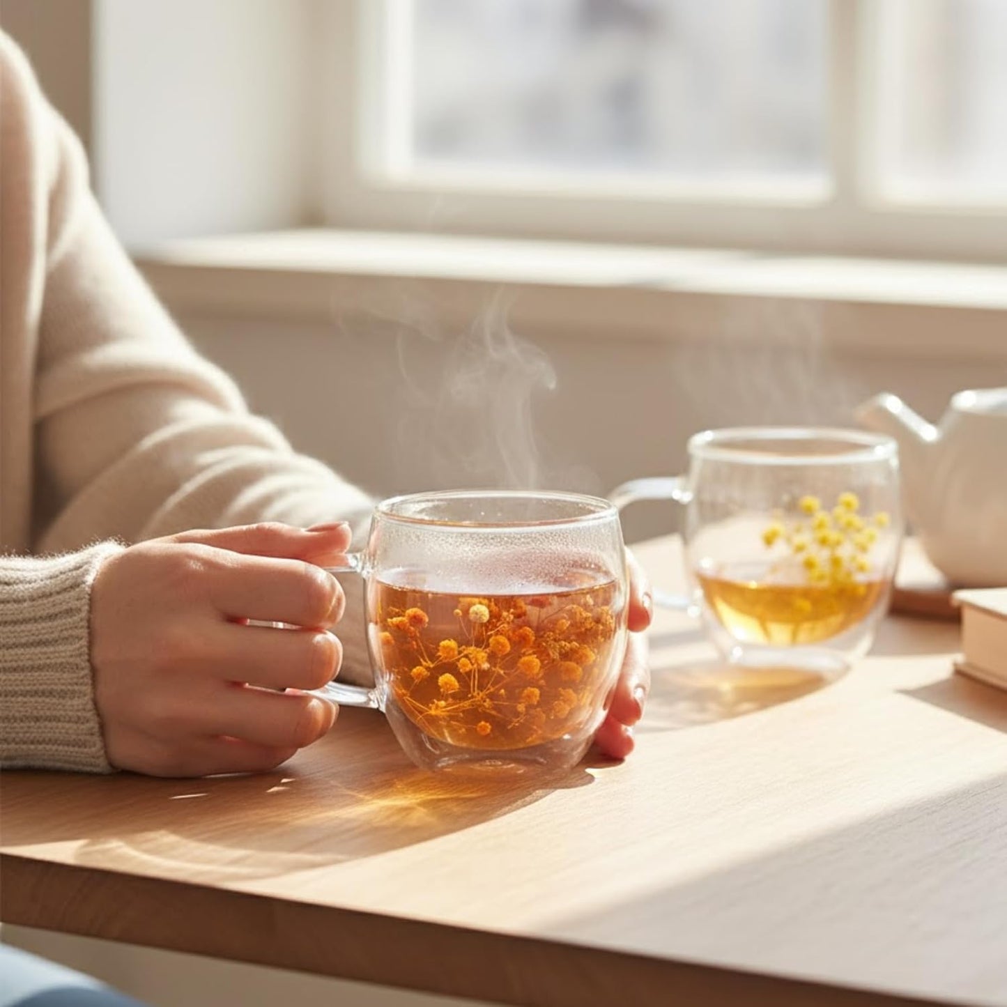 Dried Flower Double Wall Glass Coffee Mugs (Set of 3) | 350ml Borosilicate Insulated Cups w/ Handle | Floating Effect Tea Gift Dailyalley