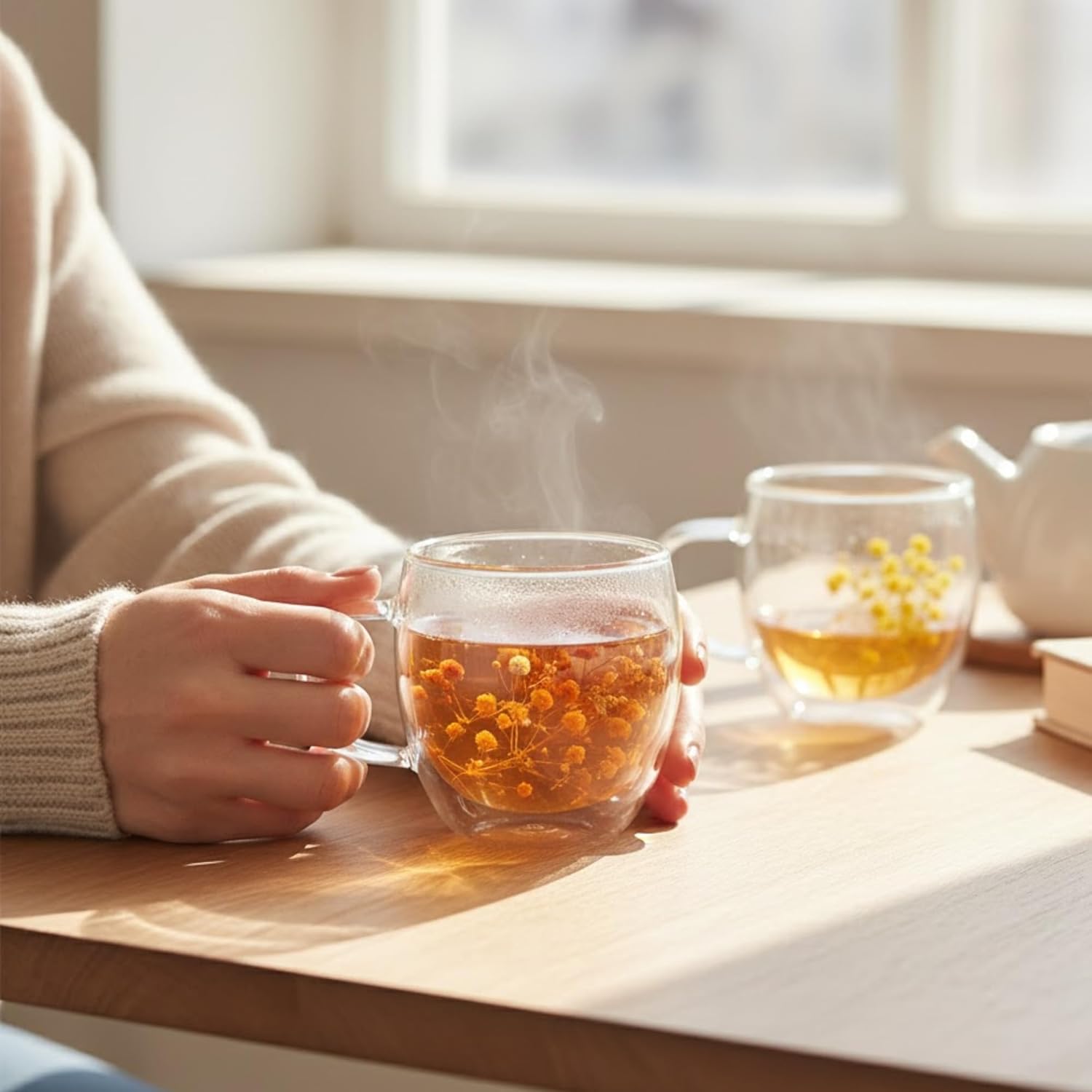 Dried Flower Double Wall Glass Coffee Mugs (Set of 3) | 350ml Borosilicate Insulated Cups w/ Handle | Floating Effect Tea Gift Dailyalley