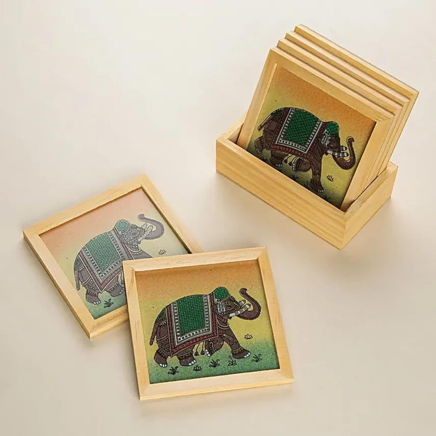 Hand-Painted Elephant Wooden Coaster Set – 6 Kadam Wood Coasters with Holder | Artisanal Table Decor for Tea, Coffee, Home & Office Dailyalley