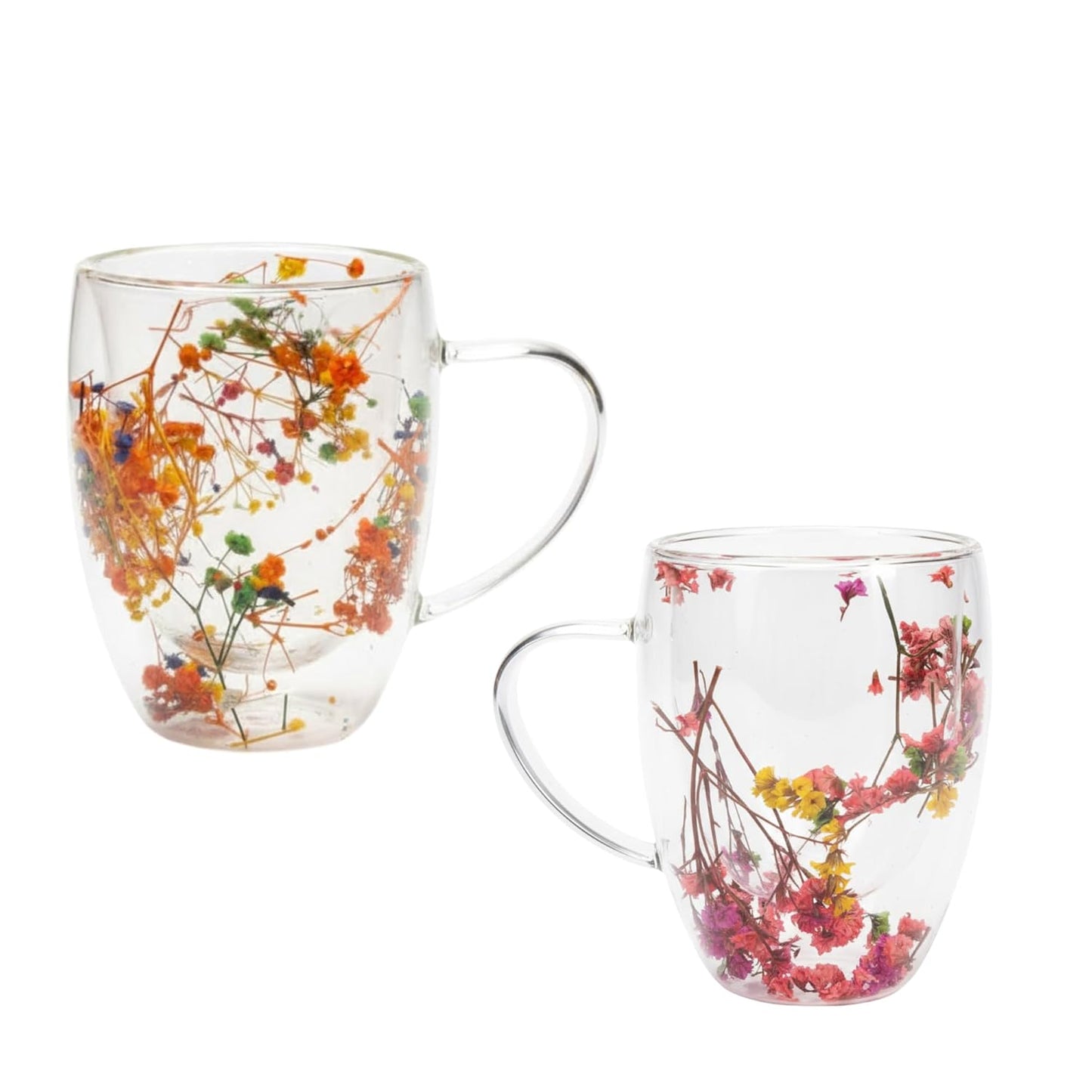 Dried Flower Double Wall Glass Mugs (Set of 2) | 350ml Heart-Shaped Borosilicate Insulated Cups | Unique Floating Tea/Coffee Gift for Women Dailyalley