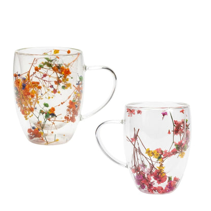 Dried Flower Double Wall Glass Mugs (Set of 2) | 350ml Heart-Shaped Borosilicate Insulated Cups | Unique Floating Tea/Coffee Gift for Women Dailyalley