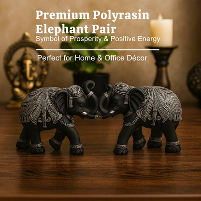 DailyAlley Premium Black & Silver Elephant Pair Showpiece | Handcrafted Polyresin Good Luck Figurines for Home Decor, Vastu, Diwali & Wedding Gifts Dailyalley