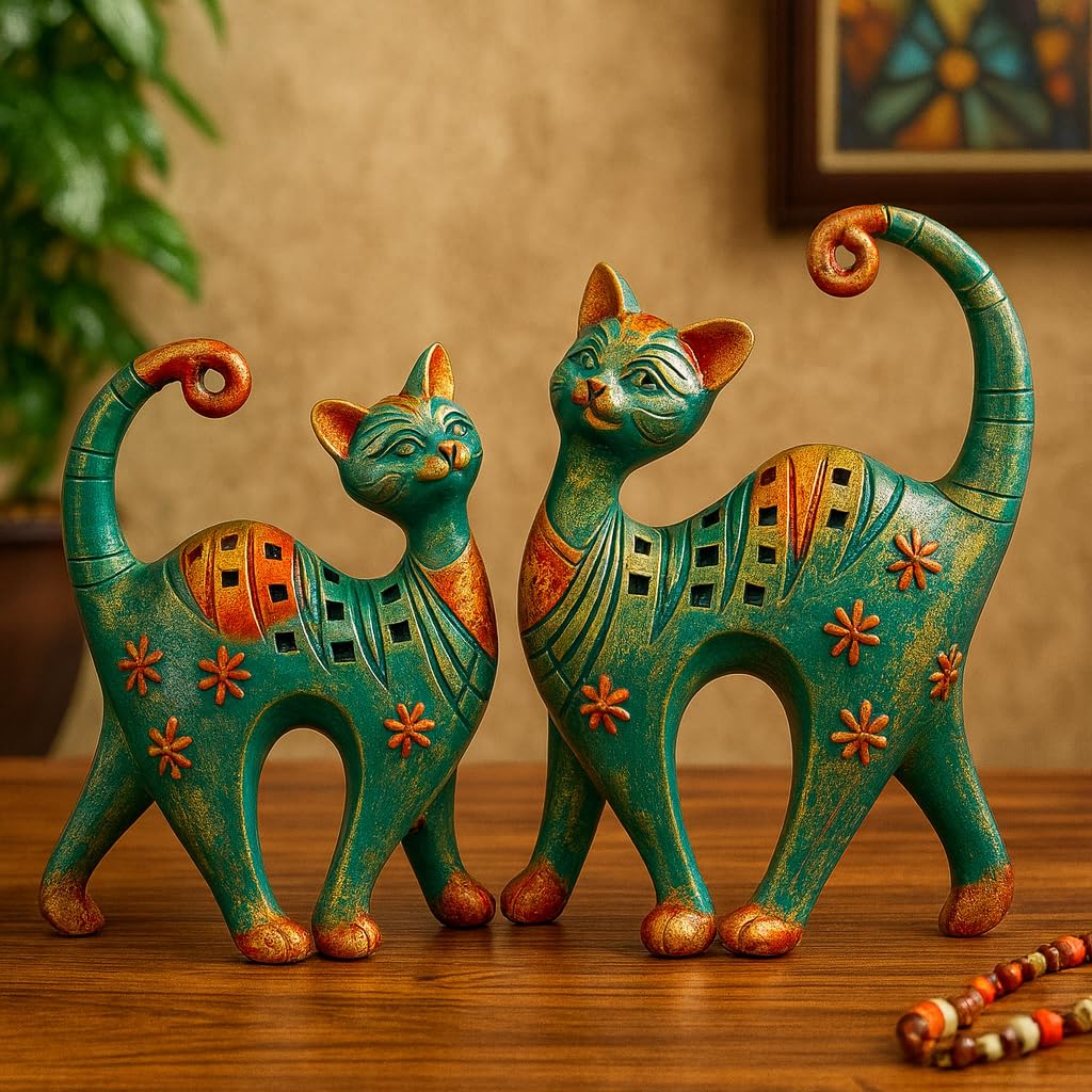 DailyAlley Decorative Cat Figurine Set | Handcrafted Teal Green & Antique Gold Resin Cat Sculptures with Floral Patterns – Traditional 2-Piece Home Décor Collection Dailyalley