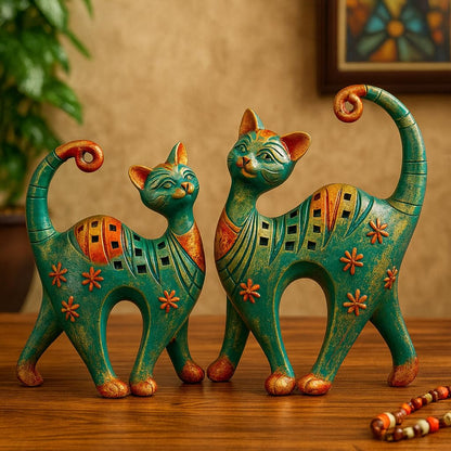 DailyAlley Decorative Cat Figurine Set | Handcrafted Teal Green & Antique Gold Resin Cat Sculptures with Floral Patterns – Traditional 2-Piece Home Décor Collection Dailyalley