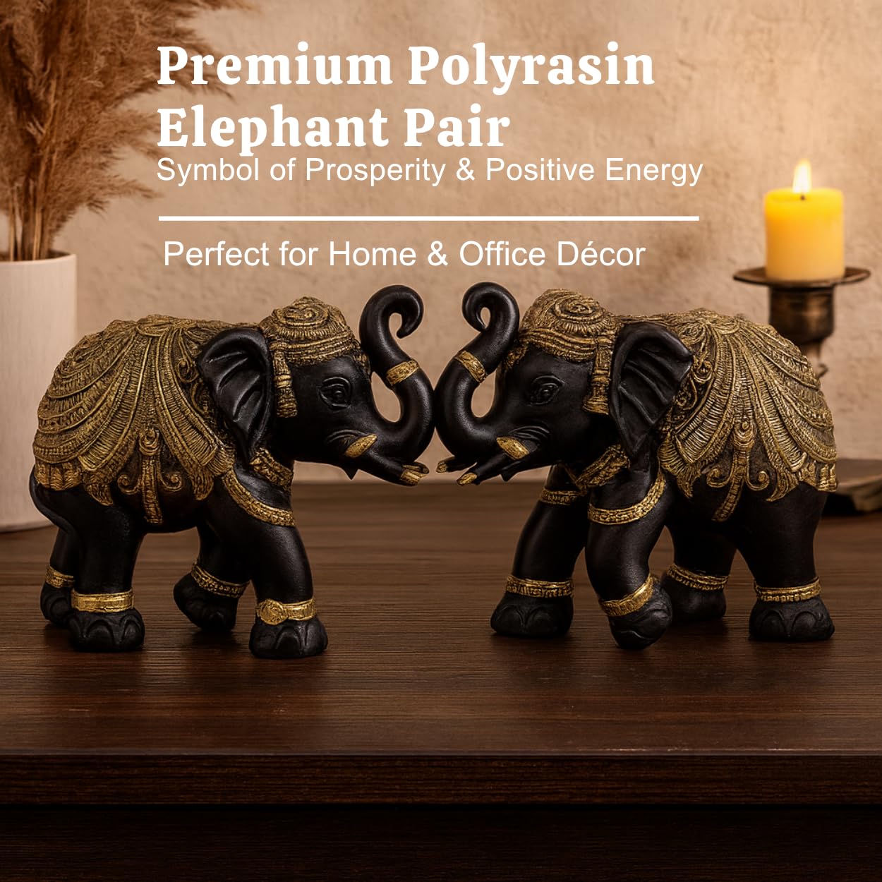 DailyAlley Premium Black & Gold Elephant Pair Showpiece | Handcrafted Polyresin Good Luck Figurines for Home Decor, Vastu, Diwali & Wedding Gifts Dailyalley