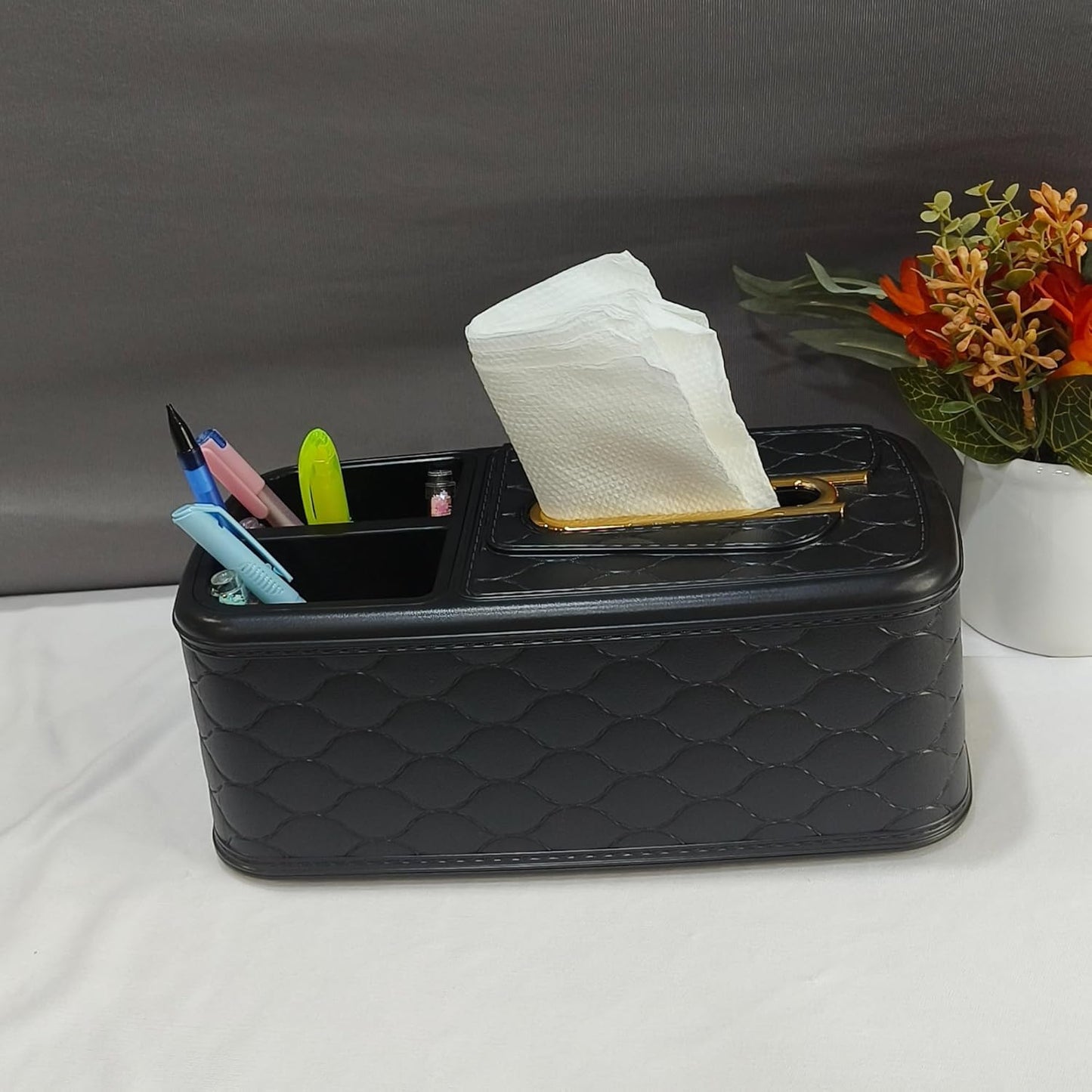 DailyAlley Tissue Box & Pen Holder - Multipurpose Organizer for Home, Office, or Car. Black storage case with 2 compartments for tissues, pens & more. Dailyalley