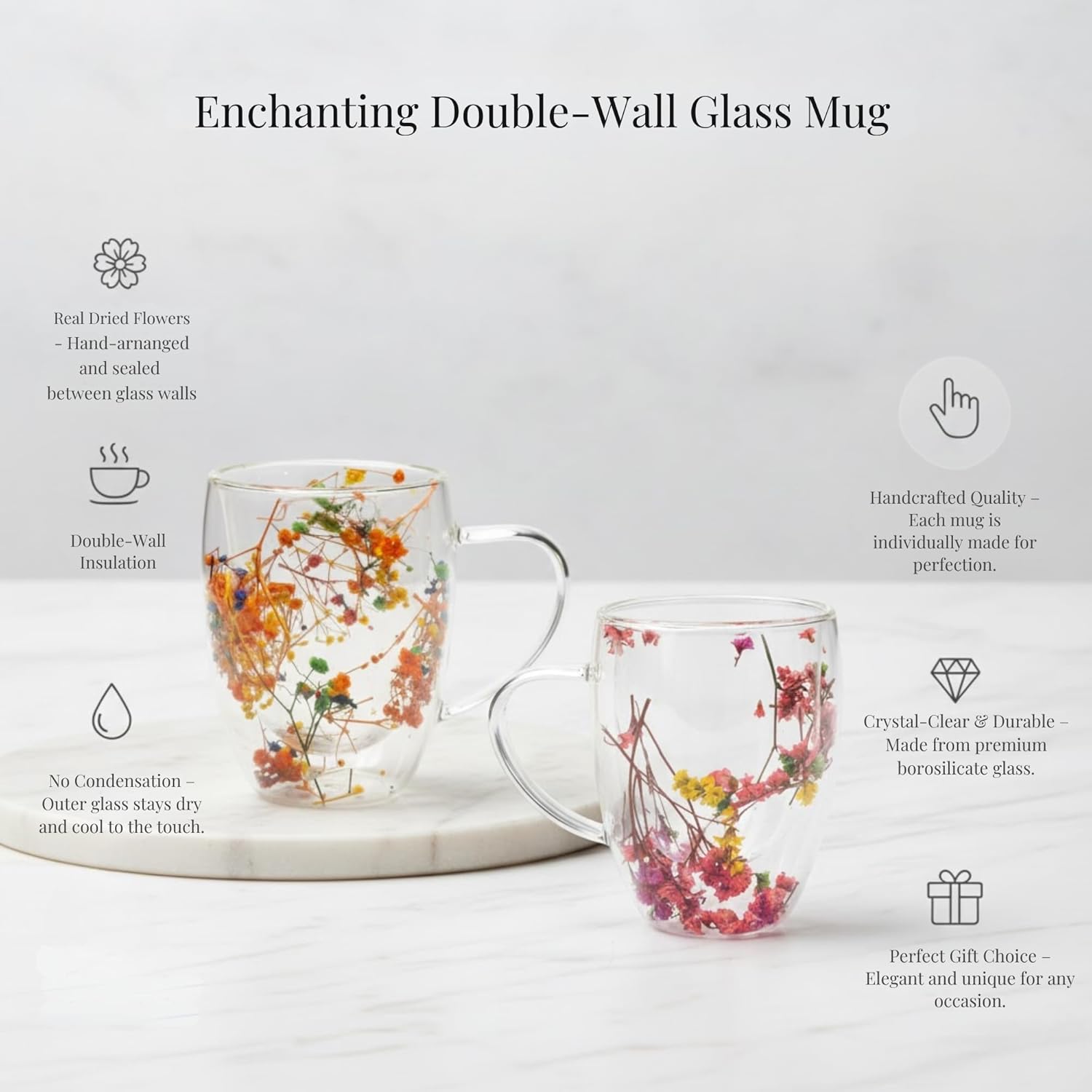 Dried Flower Double Wall Glass Mugs (Set of 2) | 350ml Heart-Shaped Borosilicate Insulated Cups | Unique Floating Tea/Coffee Gift for Women Dailyalley