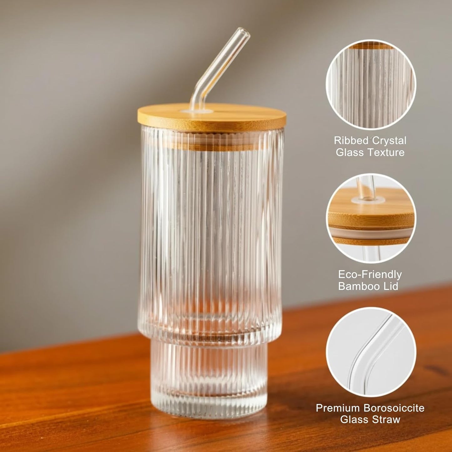 Crystal Ribbed Glass Tumbler Set of 2 – 400ml Reusable Glasses with Bamboo Lid & Glass Straw for Iced Coffee, Juice & Cold Drinks Dailyalley