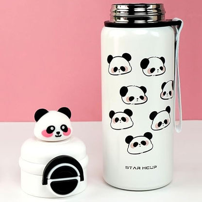 White water bottle with panda designs on a pink background